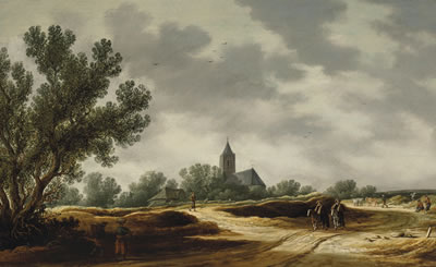 Pieter Neyn : A dune landscape with two riders and other travelers on a country road