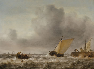 Jan Porcellis : A damlooper and rowboat in a choppy sea by a jetty