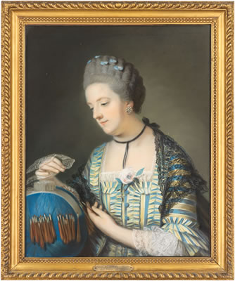 Catherine Read : Portrait of Lady Louisa Conolly, née Lennox (1743-1821), half-length, in a yellow and blue striped dress with a black lace shawl, holding lace and a bobbin