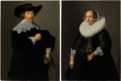 Nicolaes Elias : Portrait of a gentleman, three-quarter-length, in a black brocade doublet and cloak, with a lace collar, holding a pair of gloves; and Portrait of a lady, three-quarter-length, in a cartwheel ruff, gold and black embroidered bodice and black brocade skirt