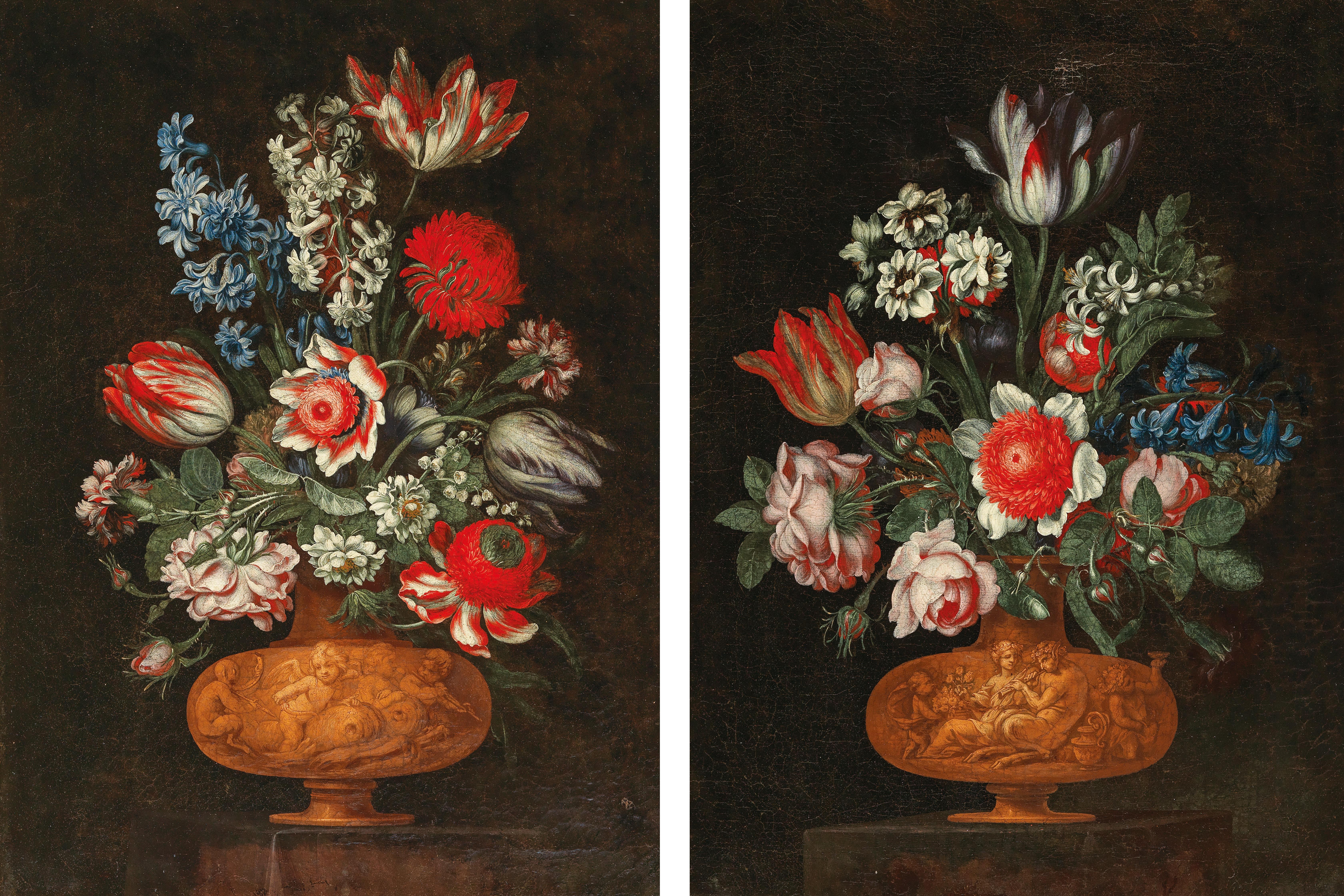 Bartolomeo Ligozzi : Flowers in sculpted vases, (a pair)