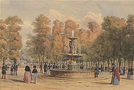 Charles Frederic Jung : Promenade dans un jardin avec fontaines.