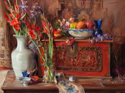 Quang Ho : Arrangement in Reds-with Balise Chest, Porcelain Vessels and Glads