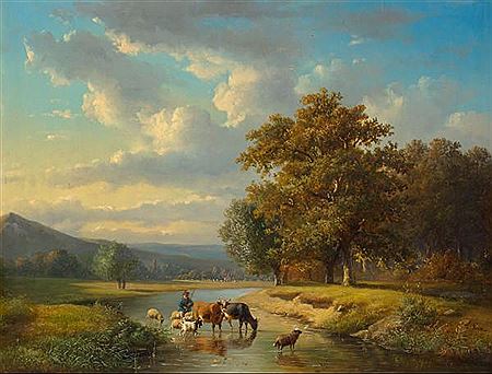 Louis Pierre Verwee : Herdsman and animals drinking at a river