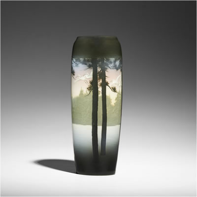 Kataro Shirayamadani : Rare banded Iris Glaze vase with white cranes flying over snowy forest