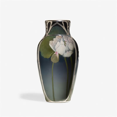 Olga Geneva Reed : Iris Glaze vase with lotuses and overlay