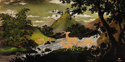 Van Ha Tran : STAGS AND DOES IN A MOUNTAIN LANDSCAPE