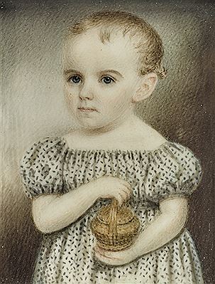 Moses Russell : MINIATURE PORTRAIT OF GIRL IN A SPOTTED WHITE DRESS HOLDING A BASKET