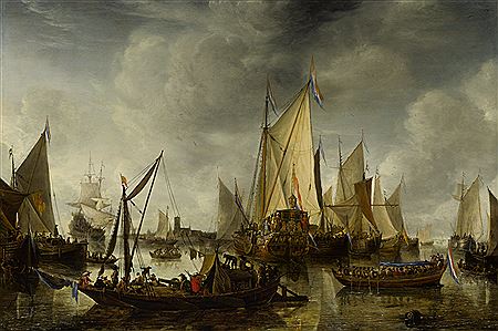 Jan Abrahamsz Beerstraten : DUTCH SHIPS AT ANCHOR IN A CALM HARBOR, WITH DIGNITARIES IN A BARGE APPROACHING THE ROYAL YACHT OF PRINCE WILLIAM II, AND A FERRY TRANSPORTING A CANNON IN THE FOREGROUND