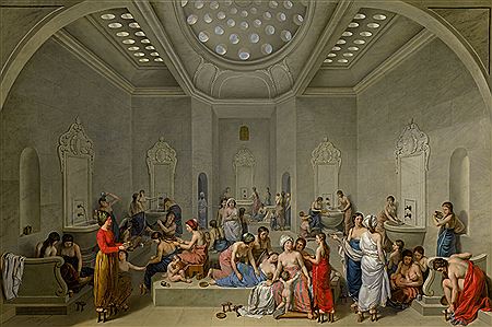 Jean Jacques Francois Le Barbier : A FEMALE TURKISH BATH OR HAMMAM