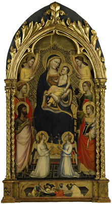 Niccolò di Pietro Gerini : MADONNA AND CHILD ENTHRONED, SURROUNDED BY SAINT JOHN THE BAPTIST, MARGARET OF ANTIOCH, SAINT LAURENCE, SAINT LUCY, AND ANGELS, THE PREDELLA ILLUSTRATED WITH THE DEPOSITION OF CHRIST