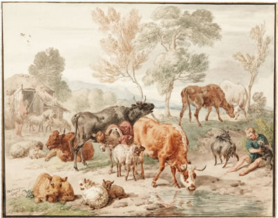 Dirk Van Bergen : HERDERS AND THEIR ANIMALS BY A STREAM