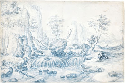 Isaac Major : A RUGGED MOUNTAIN LANDSCAPE WITH FIGURES BY A WATERFALL