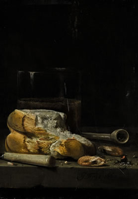 Jan Fris : STILL LIFE OF BREAD, PRAWNS, A PIPE AND A GLASS OF BEER ARRANGED ON A TABLE