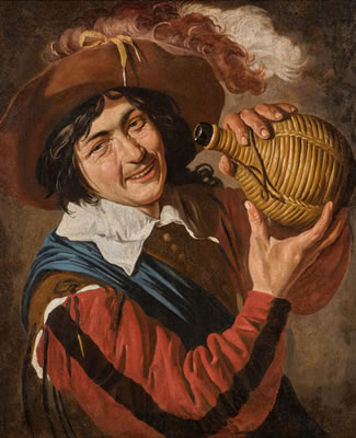 Theodor Rombouts : A YOUNG MAN, WEARING A FEATHERED HAT AND HOLDING A WINE FLASK