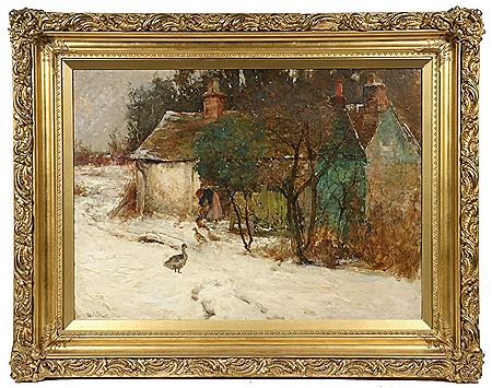 Claude Hayes : Woman Feeding Ducks in Winter, Irish Farmhouse