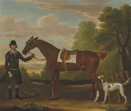 James Seymour : Lord Portmore's 'Snap', a saddled chestnut hunter held by a groom, with a setter in a landscape