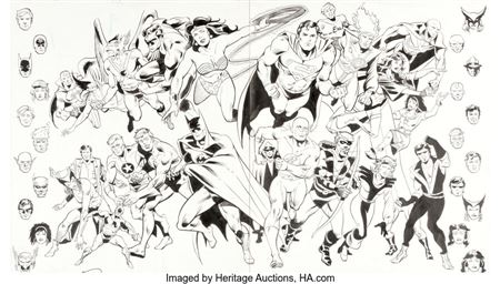 Luke McDonnell : Luke McDonnell and Bill Wray Who's Who: The Definitive Directory of the DC Universe #12 Justice League of America Double Page Spread Illustration Original Art (DC, 1986)