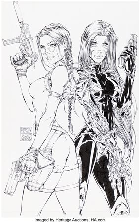 Michael Turner : Tomb Raider / Witchblade #1 Cover Original Art (Top Cow, 1997)