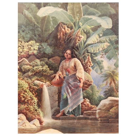 Charles W Andrews : A Filipina Standing at A Fountain Beneath A Banana Tree