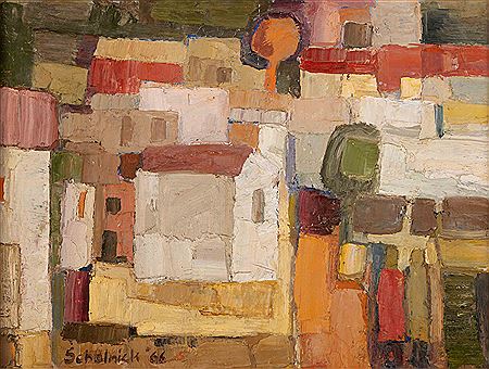 Olivia Scholnick : ABSTRACTED LANDSCAPE WITH HOUSES AND FIGURES