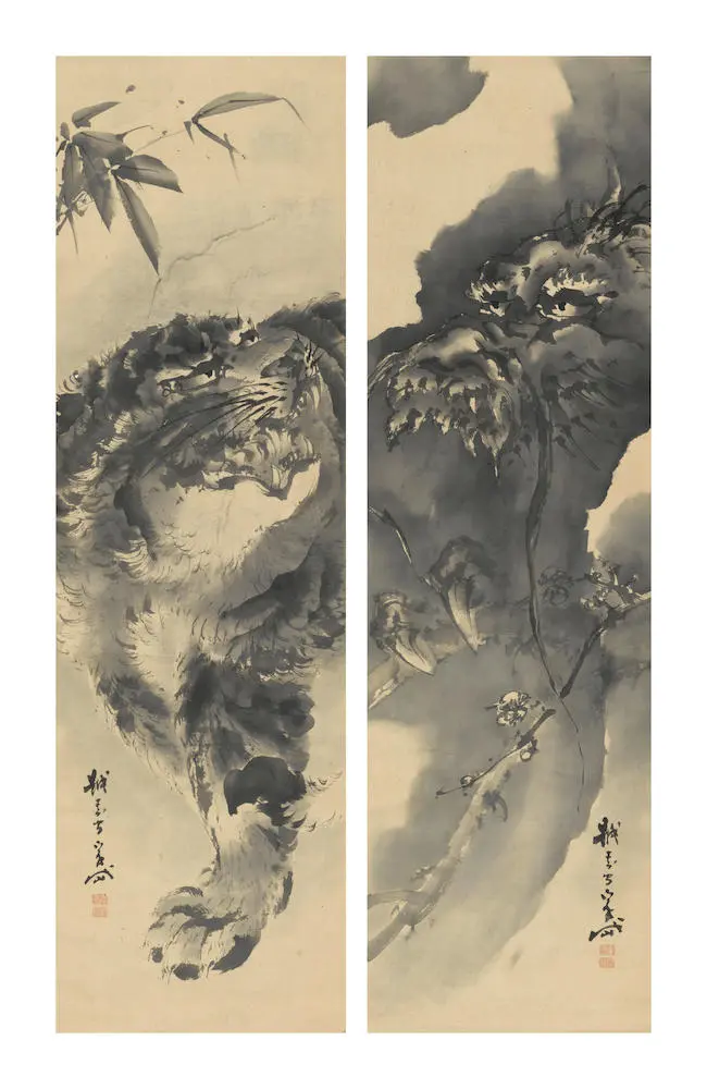 Gantai : A pair of hanging scrolls in ink on paper depicting on the right scroll a dragon grasping in its claws a branch of flowering prunus, and on the left scroll a tiger under a sprig of bamboo grass