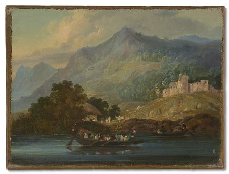 Charles D'Oyly : Hilly landscape with figures in a boat on the river Ganges