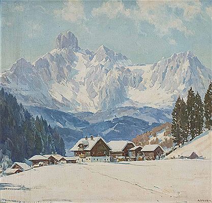 Alexander Drobik : Winterlandschaft mit Bauernhäusern und Blick auf die 'Bischofsmütze'