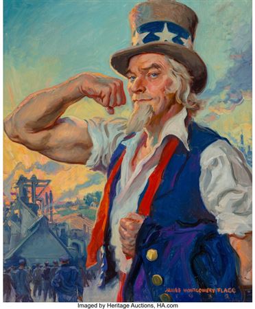 James Montgomery Flagg : It's Time to Build a Stronger America, Uncle Sam American Industry advertisement, 1932