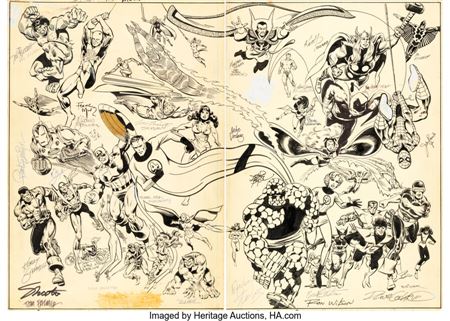 Bill Sienkiewicz : John Byrne, Bill Sienkiewicz, Michael Golden, and Many Other Artists - Fantastic Four Roast #1 Double-Page Jam Pin-Up Original Art (Marvel, 1982)