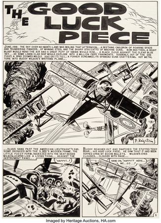 Bernie (Bernard) Krigstein : Bernard Krigstein Aces High #4 Complete 6-Page Story 'The Good Luck Piece' Original Art (EC, 1955)