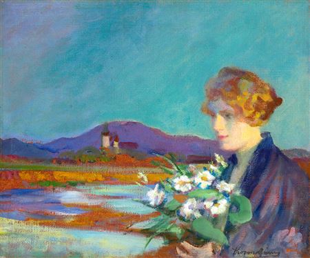 Janos Thorma : Woman with a Bouqet of Flowers, Felsobánya in the Backround, 1928