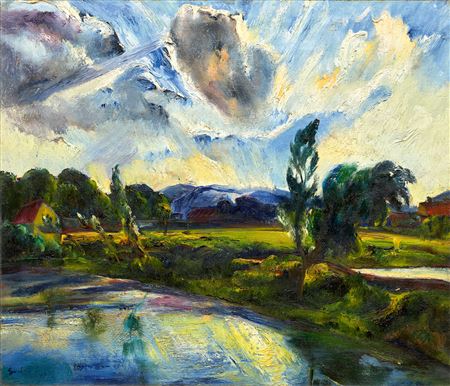 Jeno Paizs-Goebel : Szentendre Landscape with the Sun Breaking through the Clouds, 1927