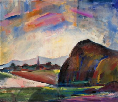 Istvan Cserepes : Landscape in Sunset with Hay-Stack, 1930s