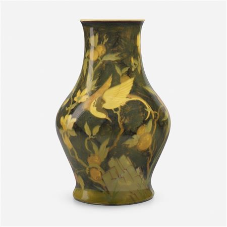 Arthur Conant : Yellow Tinted vase with birds of paradise