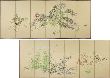 Koyo Ishizaki : Flowers and Birds of Four Seasons (a pair of 6-panel byobu screens)