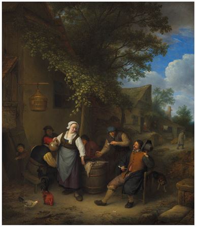 Adriaen Jansz van Ostade : Peasants smoking, drinking and playing games before an inn