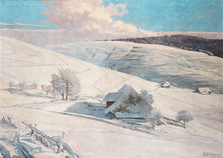 Karl Heilmann : In the evening light, the snow-covered Black Forest landscape on the slag heap with ski tracks and a view of the Rosshang.