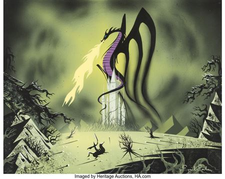 Eyvind Earle : Eyvind Earle - Sleeping Beauty Prince Phillip, Samson, and Maleficent as a Dragon 15' x 12' Concept Painting (Walt Disney, 1959)