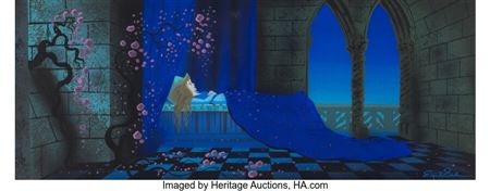 Eyvind Earle : Eyvind Earle - Sleeping Beauty Princess Aurora Sleeping 21' x 8.25' Concept Painting (Walt Disney, 1959)