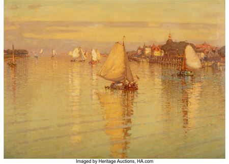 Peter Moffat Lindner : Sailboats on the Canal at Dawn