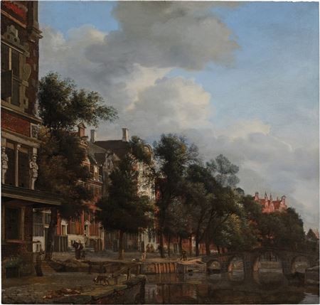 Jan Van Der Heyden : An imaginary view of a quiet canal in Amsterdam