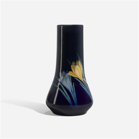 Elizabeth Lisbeth Lincoln : Rare Black Iris Glaze vase with crocuses