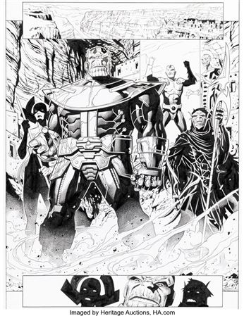 Jimmy Cheung : Infinity #6 Story Page 9 and Marvel-Verse: Thanos Trade Paperback Cover Original Art (Marvel, 2014 and 2019)