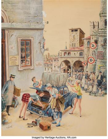 Constantin Alajalov : Coed Tourists in Italy, The Saturday Evening Post cover, August 2, 1958