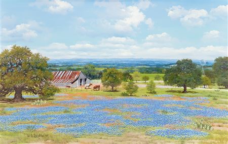 William Slaughter : Bluebonnet Landscape with Barn and Longhorns