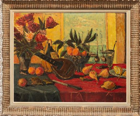 Bertoldo (Berto) Taubert : Still Life with Flowers, Fruit and Mandolin