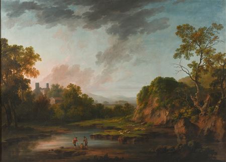 George Barret Jr : CLASSICAL RIVER LANDSCAPE WITH SHEEP AND ANGLERS, BALLYGARTH CASTLE IN THE BACKGROUND Oil on canvas