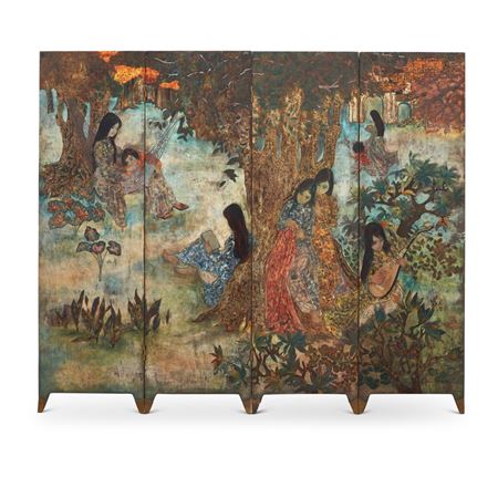 Van Ha Tran : I. Women in a garden   ii. Procession scene (double-sided four panel folding screen)