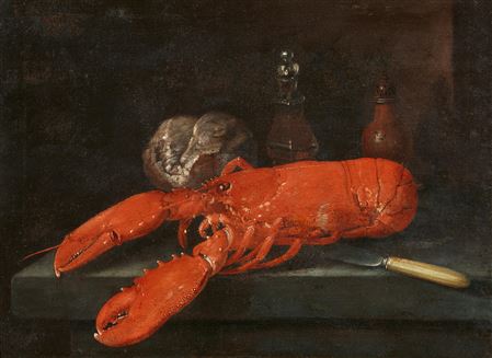 George William Sartorius : Still Life with Lobster, Bread, Knife and Small Bottle on a Stone Slab